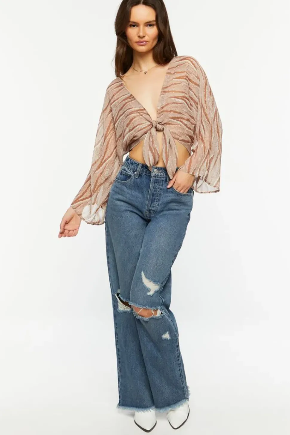 Abstract Chiffon Tie-Front Crop Top