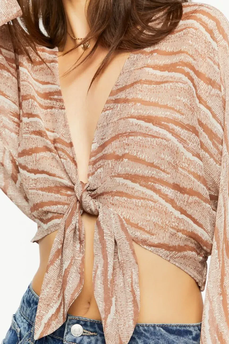 Abstract Chiffon Tie-Front Crop Top
