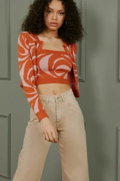 Abstract Crop Top & Cardigan Sweater Set