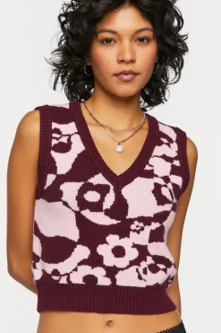 Abstract Floral Print Cropped Sweater Vest