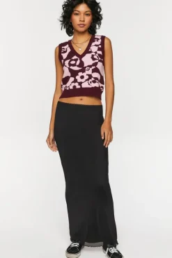 Abstract Floral Print Cropped Sweater Vest
