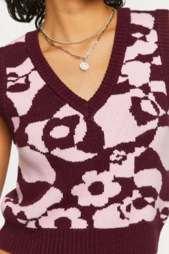 Abstract Floral Print Cropped Sweater Vest