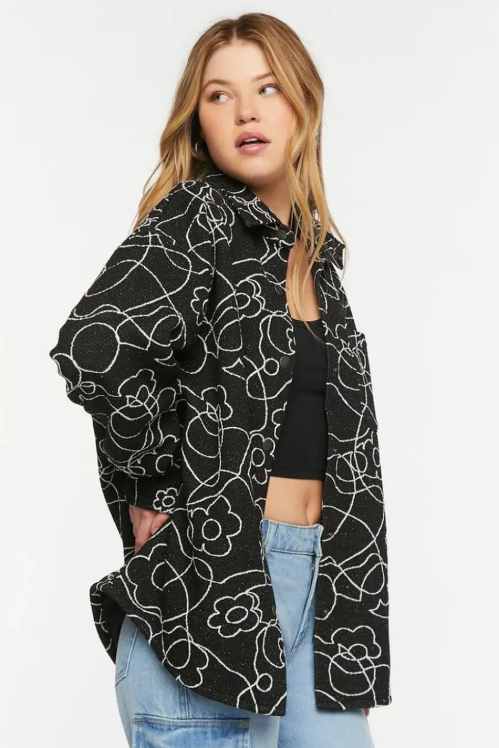 Abstract Floral Print Jacquard Shacket