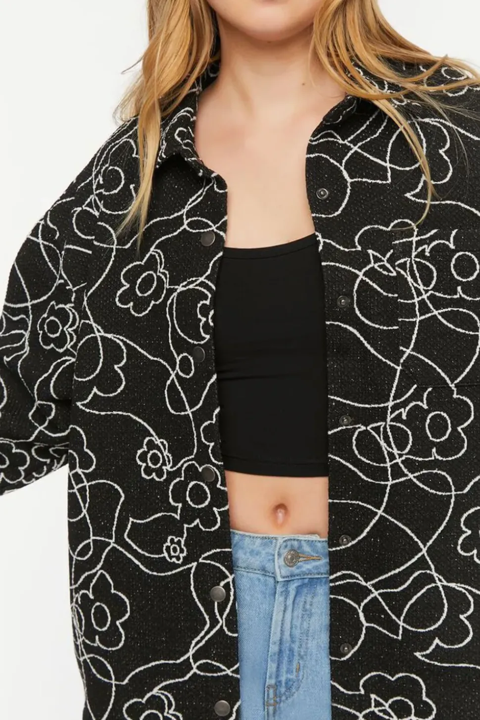 Abstract Floral Print Jacquard Shacket