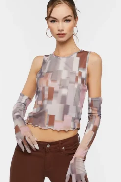 Abstract Mesh Crop Top & Gloves Set