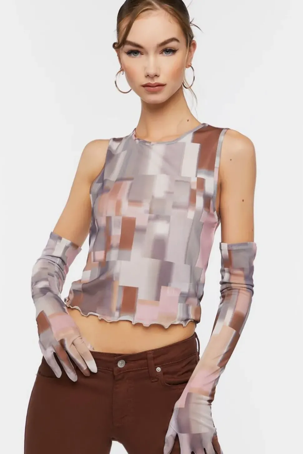 Abstract Mesh Crop Top & Gloves Set
