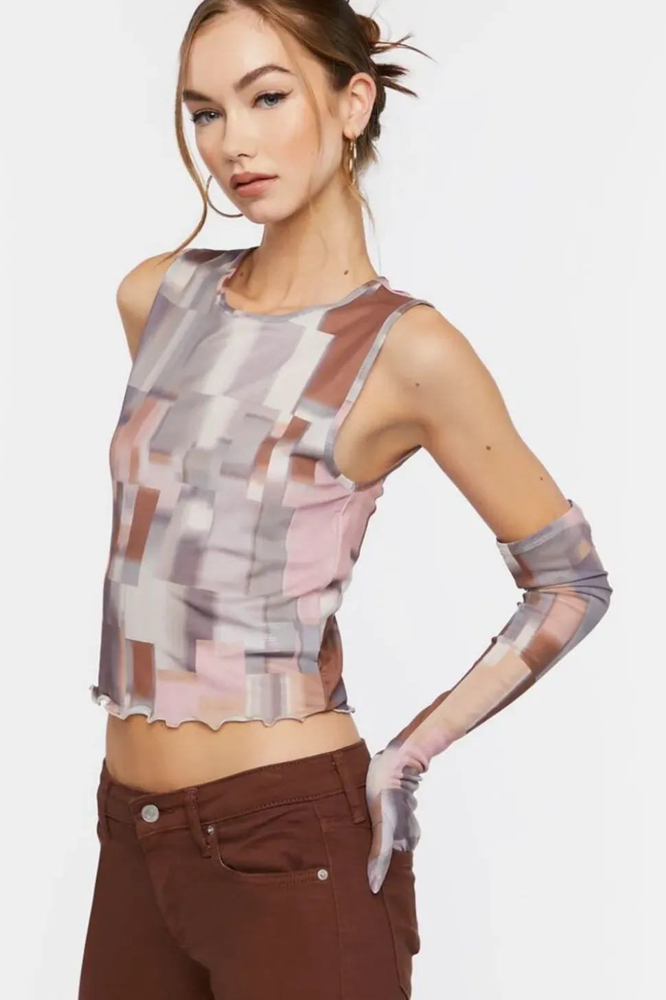 Abstract Mesh Crop Top & Gloves Set
