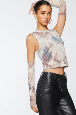 Abstract Mesh Crop Top & Gloves Set