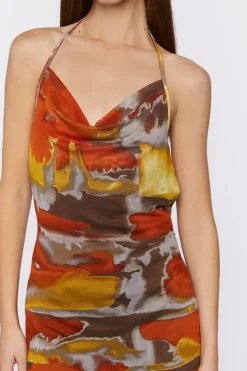 Abstract Print Cowl Neck Halter Dress