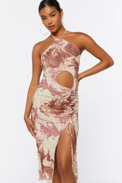 Abstract Print Mesh Halter Midi Dress