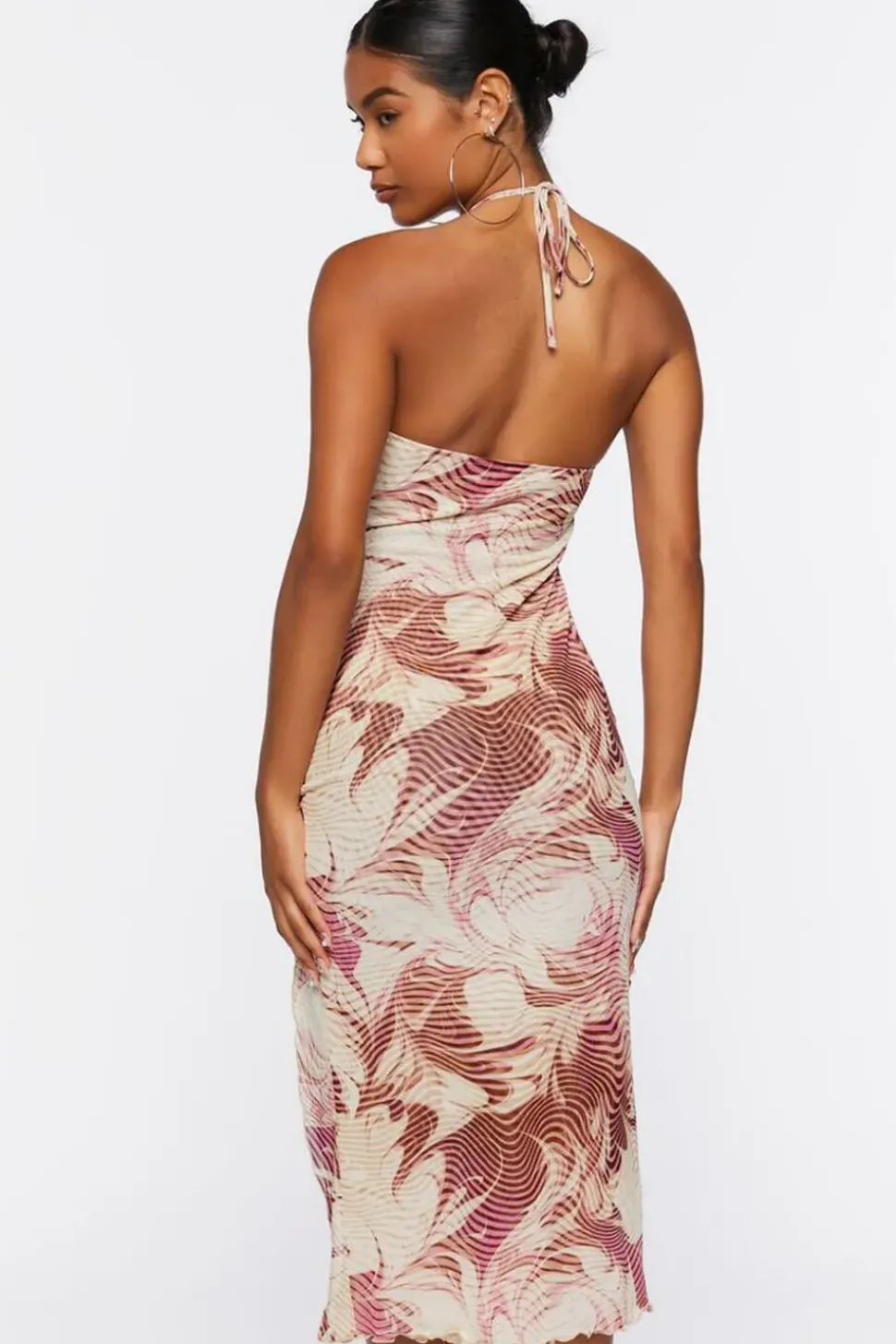 Abstract Print Mesh Halter Midi Dress