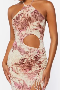 Abstract Print Mesh Halter Midi Dress
