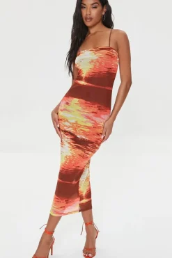 Abstract Print Mesh Midi Dress