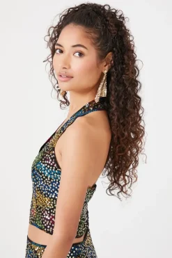 Abstract Sequin Halter Crop Top