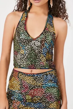 Abstract Sequin Halter Crop Top