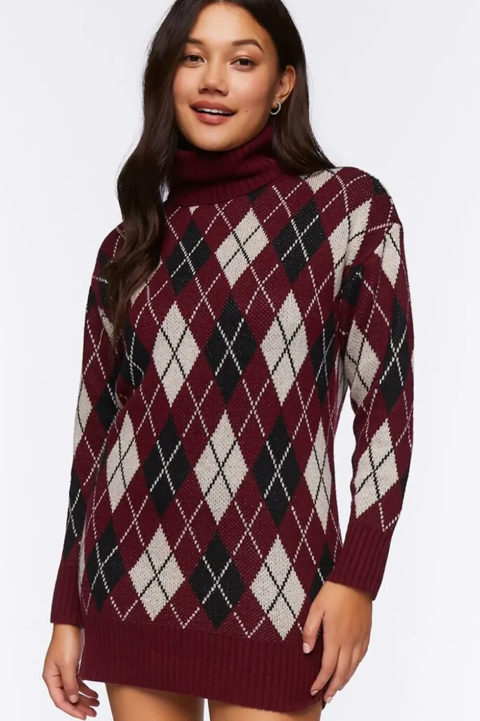 Argyle Turtleneck Mini Sweater Dress