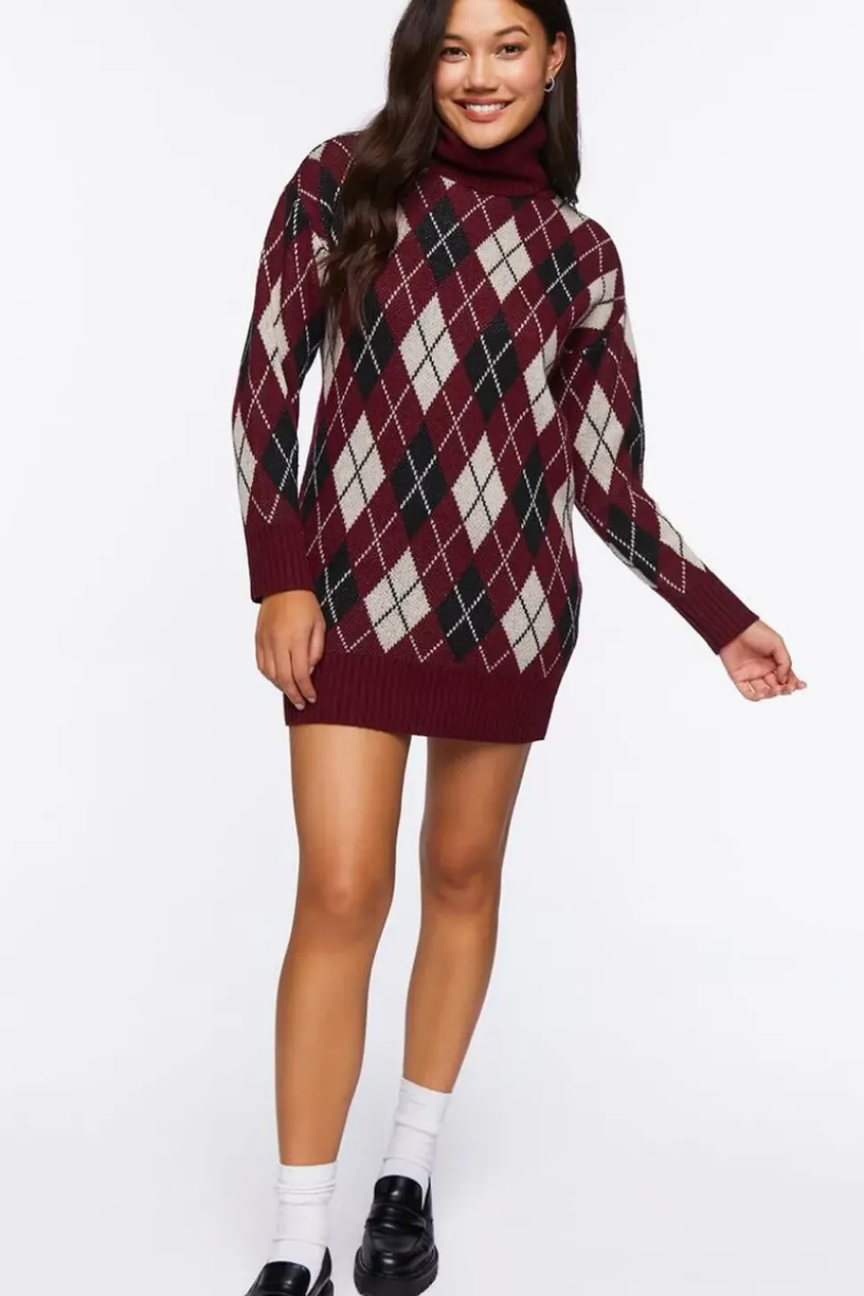 Argyle Turtleneck Mini Sweater Dress