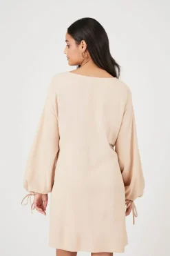 Balloon-Sleeve Drawstring Mini Dress