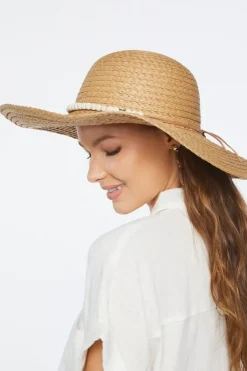 Beaded-Trim Floppy Straw Hat