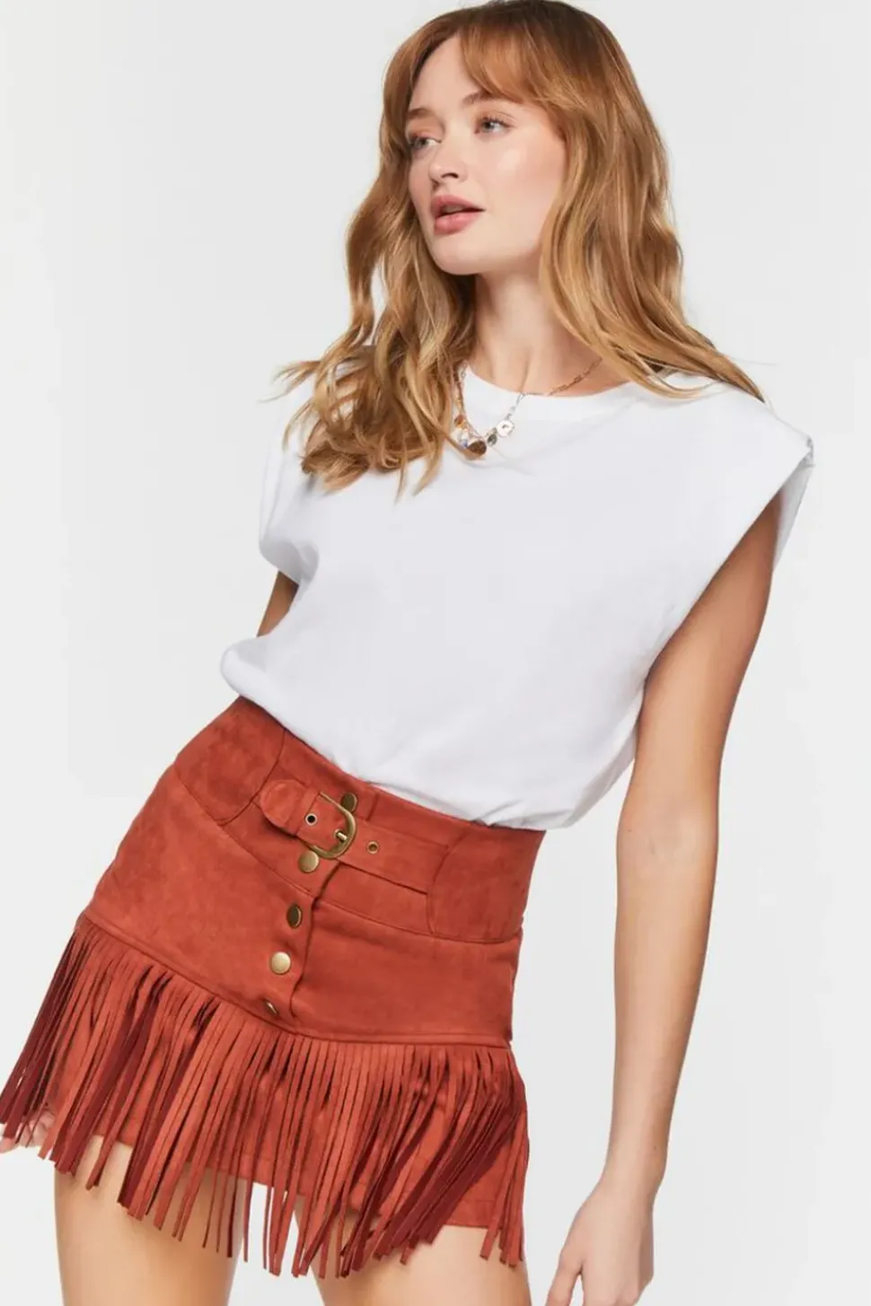 Belted Faux Suede Fringe Mini Skirt