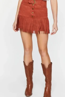 Belted Faux Suede Fringe Mini Skirt