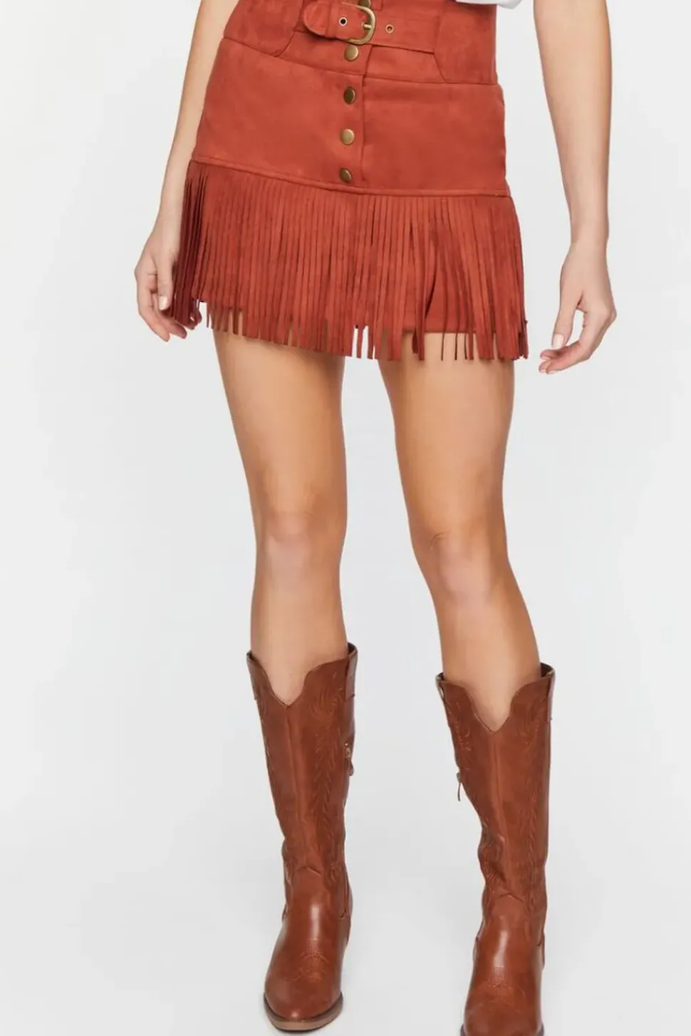 Belted Faux Suede Fringe Mini Skirt