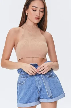 Belted Foldover Denim Shorts