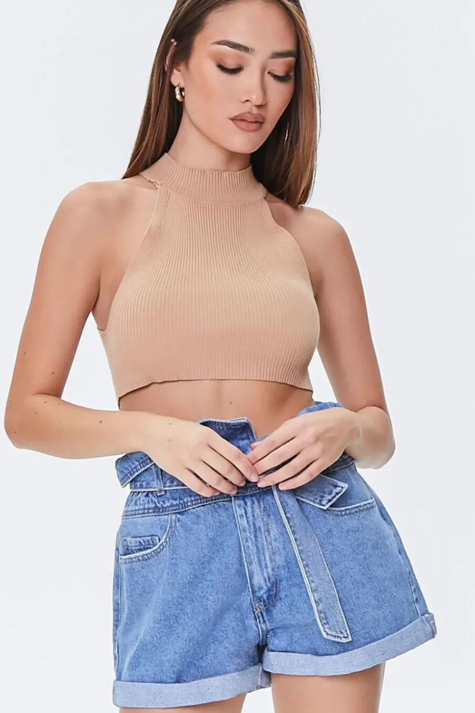Belted Foldover Denim Shorts