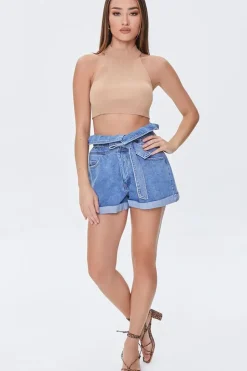 Belted Foldover Denim Shorts