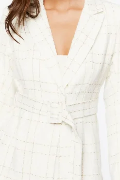 Belted Grid Plaid Tweed Blazer