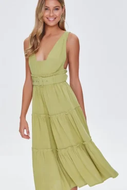 Belted Plunging Flounce Dress