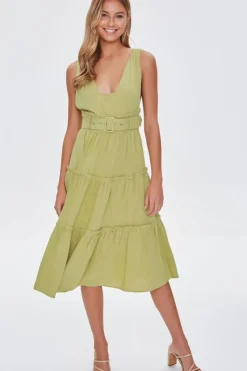 Belted Plunging Flounce Dress