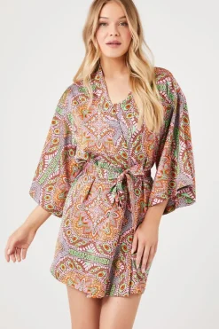 Belted Satin Ornate Print Kimono