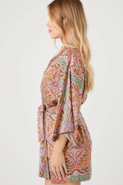 Belted Satin Ornate Print Kimono