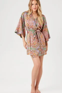 Belted Satin Ornate Print Kimono