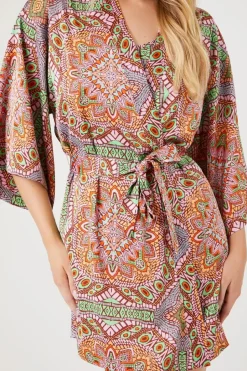 Belted Satin Ornate Print Kimono