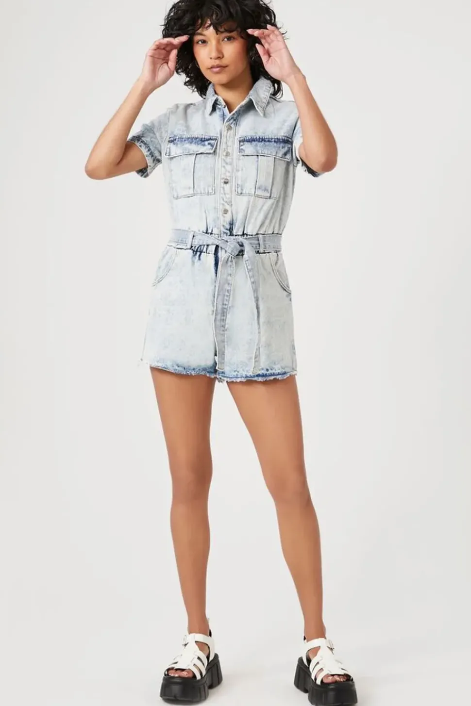 Belted Short-Sleeve Denim Romper