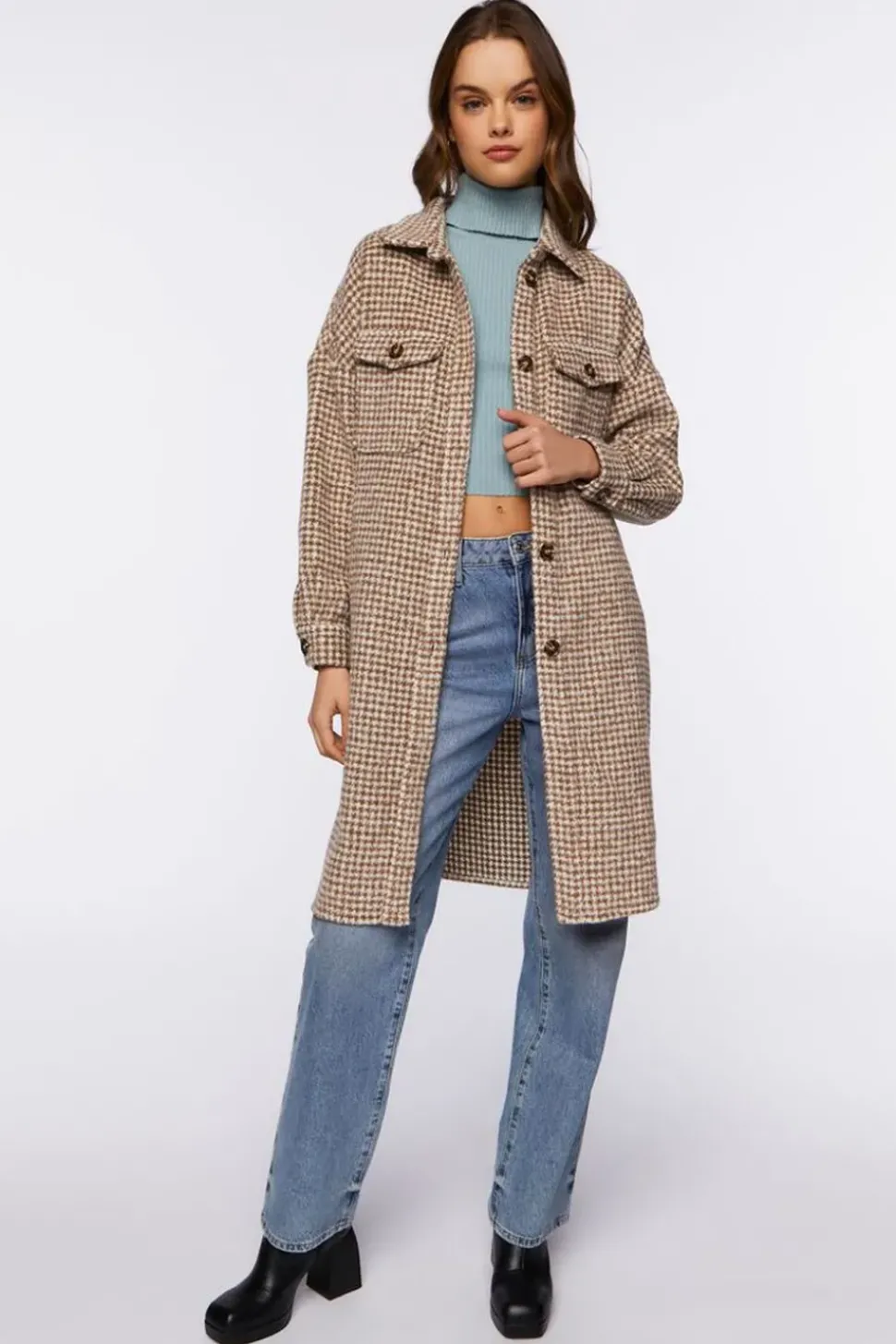 Brushed Houndstooth Longline Shacket