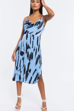 Brushstroke Print Satin Midi Dress