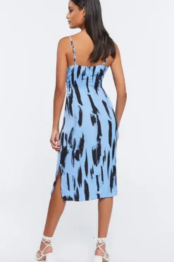 Brushstroke Print Satin Midi Dress