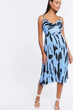 Brushstroke Print Satin Midi Dress