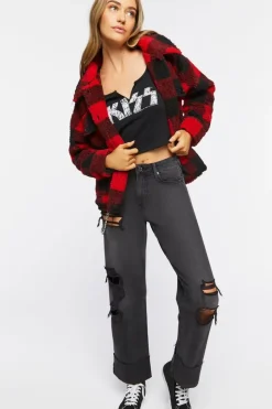 Buffalo Plaid Faux Shearling Coat