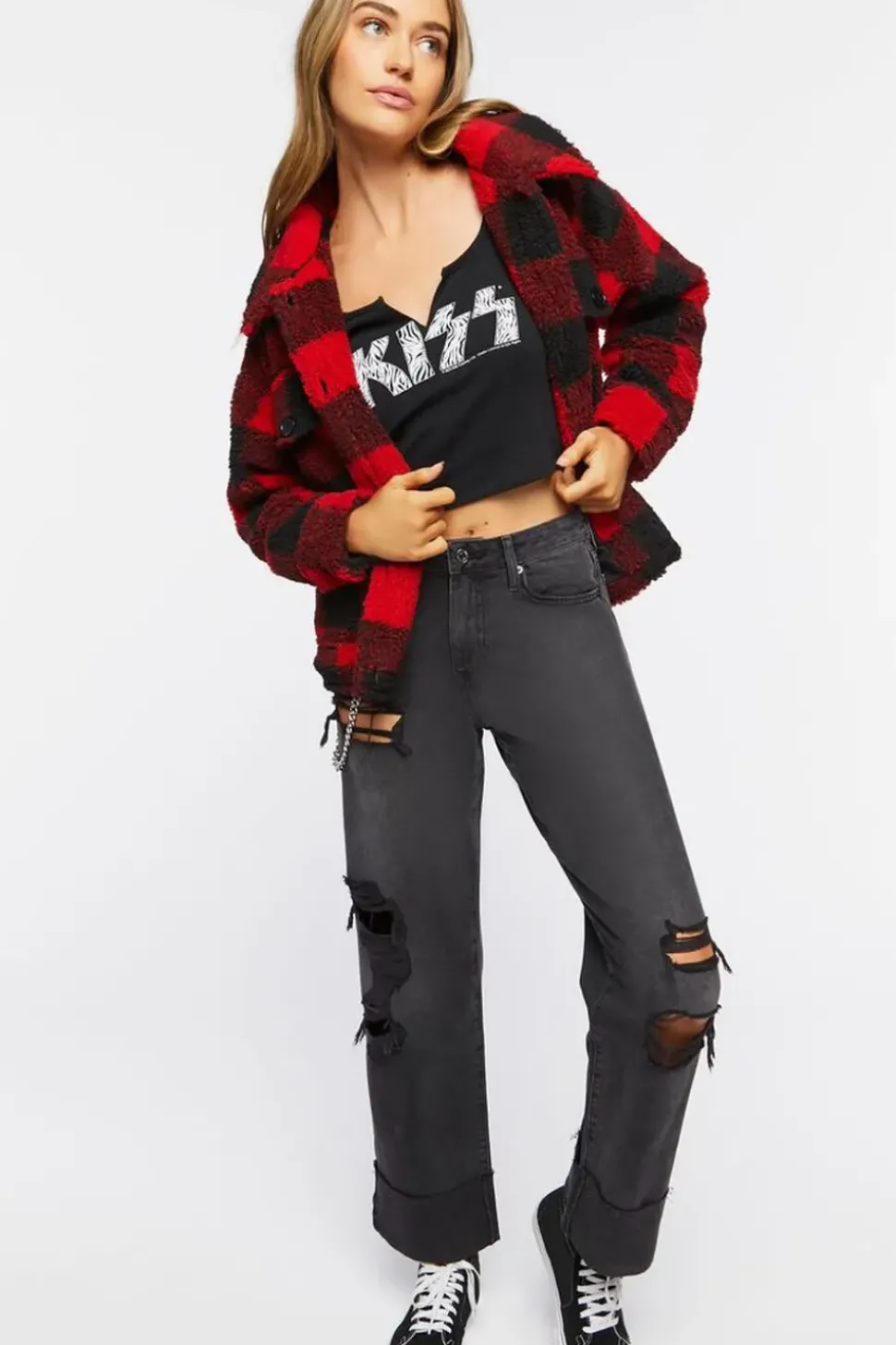 Buffalo Plaid Faux Shearling Coat