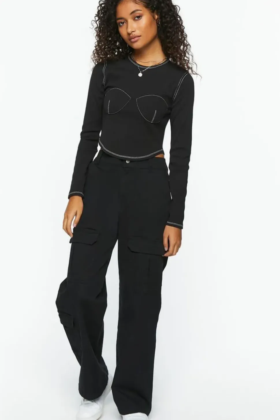 Bustier-Stitched Long-Sleeve Top