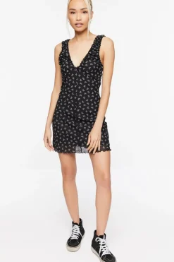 Butterfly Print Mesh Mini Dress