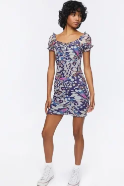 Butterfly Print Mesh Mini Dress