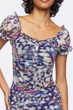Butterfly Print Mesh Mini Dress