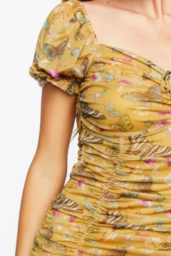 Butterfly Print Ruched Mini Dress