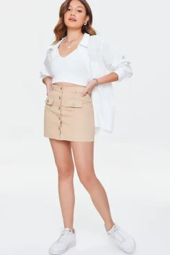 Button-Front Twill Mini Skirt