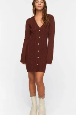 Cable Knit Button-Front Sweater Dress